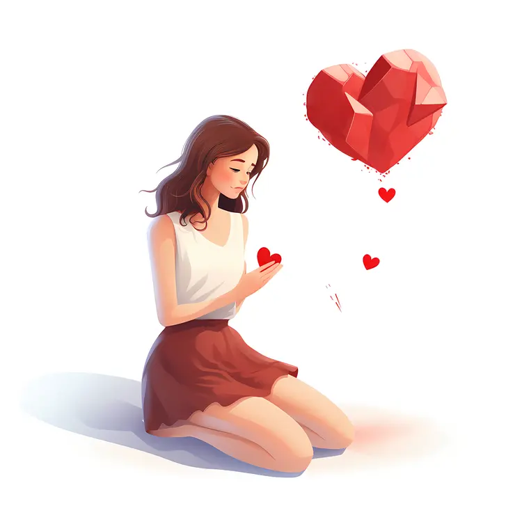 Kneeling Woman Holding Red Heart