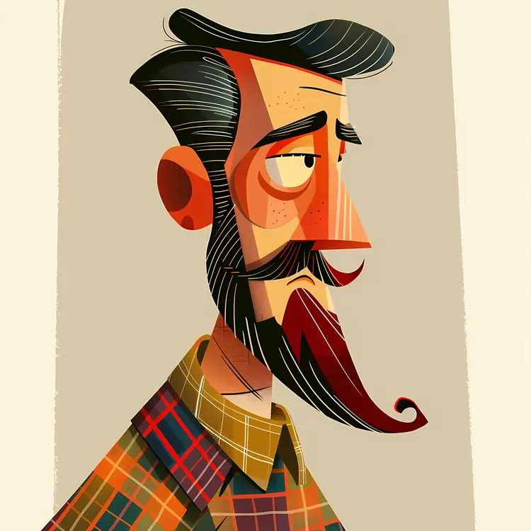 Man with Beard in Plaid Shirt Cartoon Illustration
