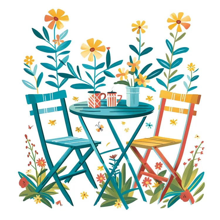 Colorful Garden Table with Chairs and Flowers