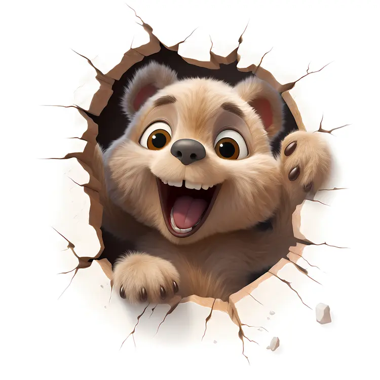 Excited Bear Peeking Through a Hole