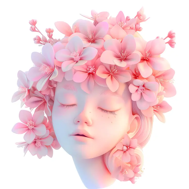 Serene Head with Pink Blossoms