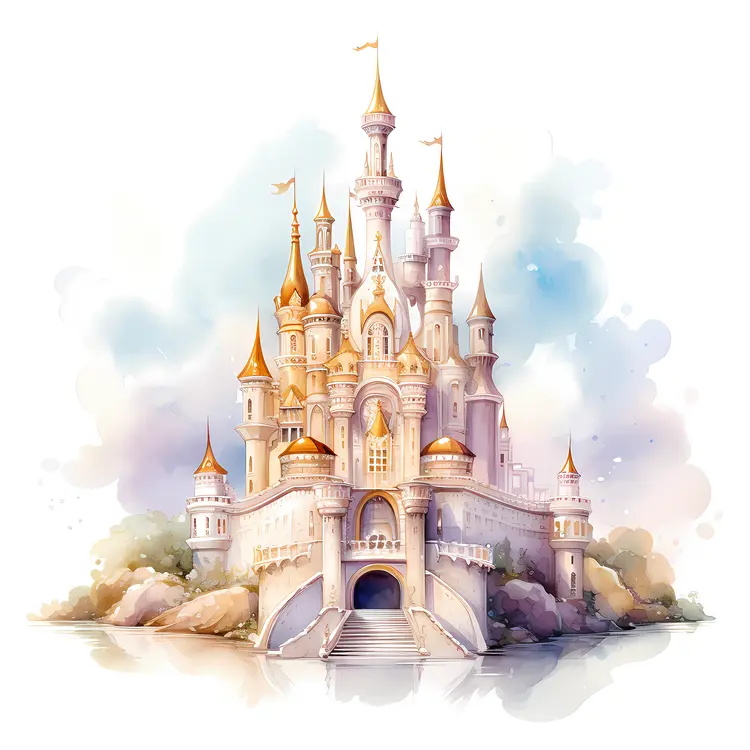 White Fantasy Castle with Turrets and Flags