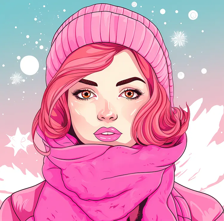 Girl in Winter Clothes with Pink Hat and Scarf