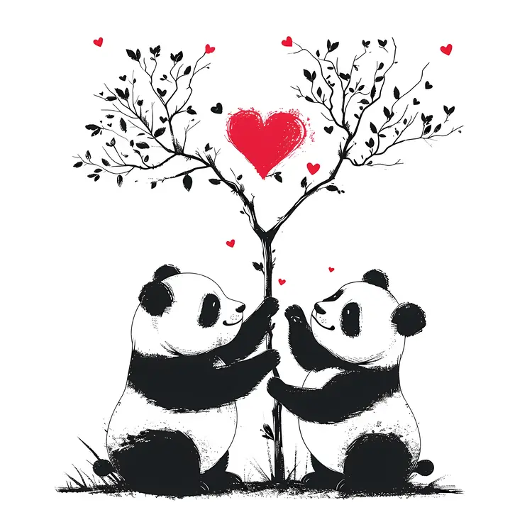 Pandas with Heart Tree Illustration