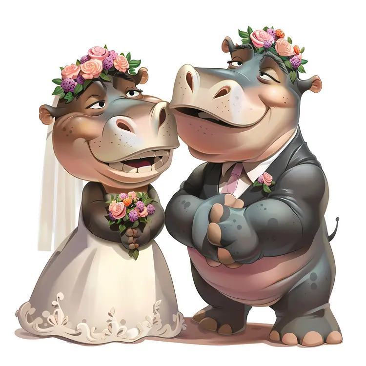Cartoon Hippo Wedding Couple