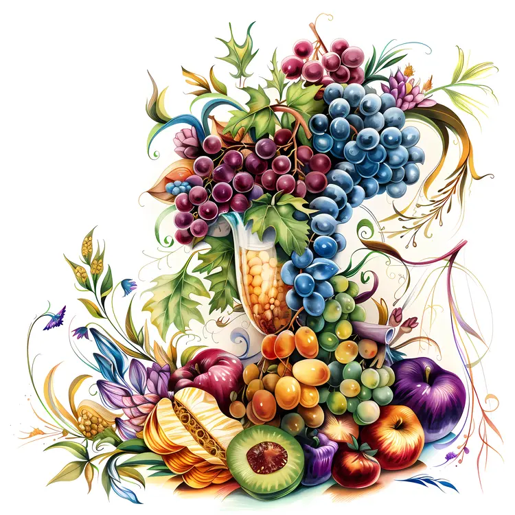 Colorful Arrangement of Fruits and Flowers