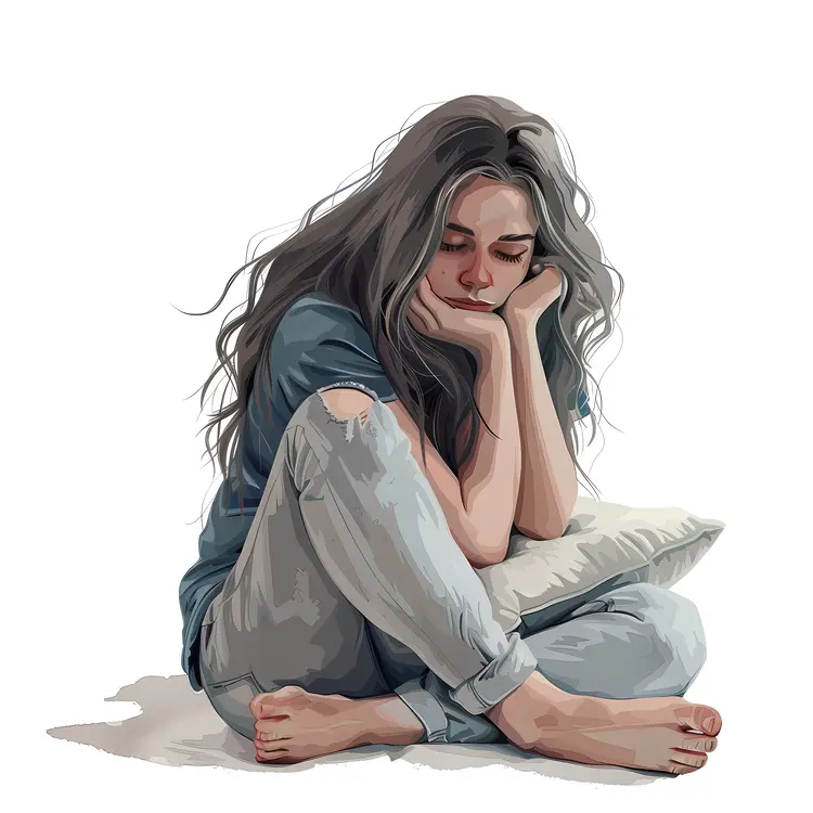 Sad Girl Sitting with Pillow