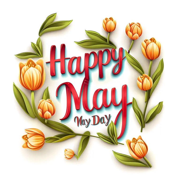 Happy May Day with Tulips and Flowers