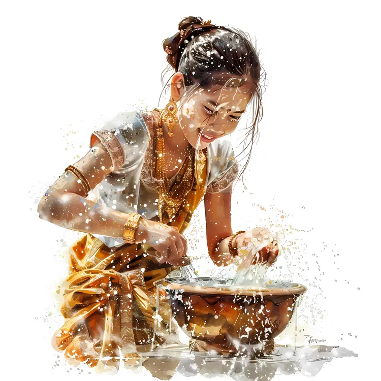 Girl Washing in Traditional Attire