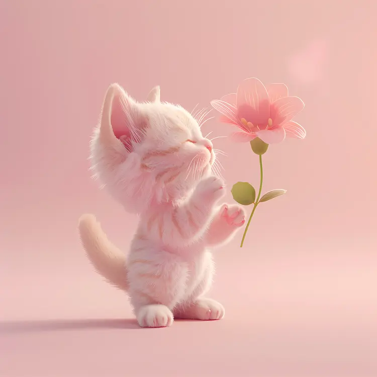 Sweet Kitten Holding a Pink Flower