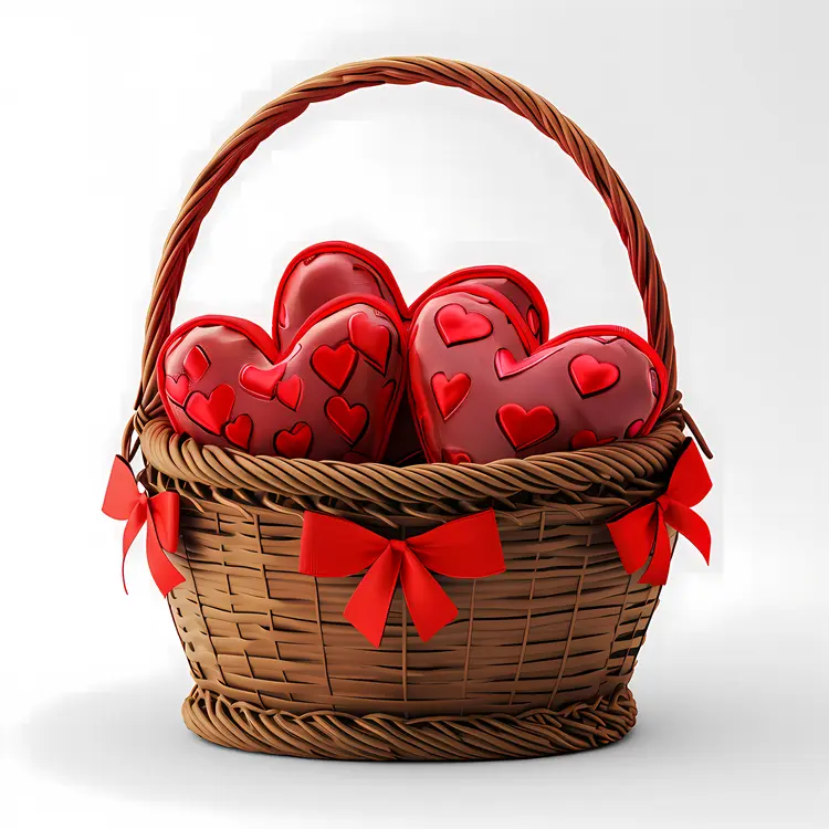 Basket of Heart-shaped Cushions with Red Bows