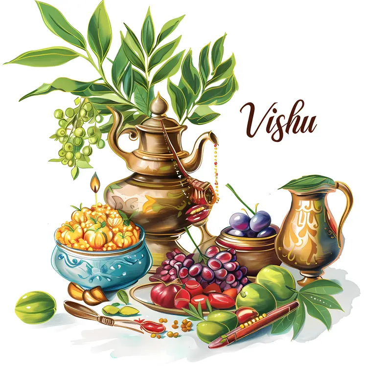 Vishu Celebration Items with Fruits and Brass Vessels
