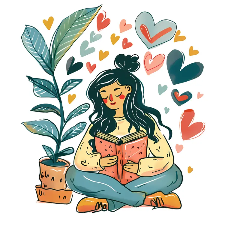 Girl Reading Book with Plants and Hearts