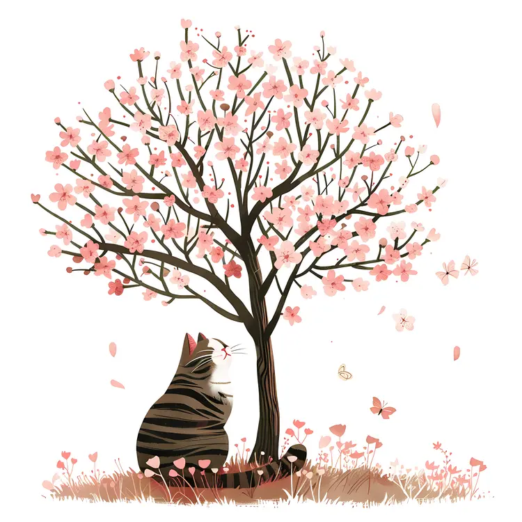 Cat Sitting Under a Blossoming Tree