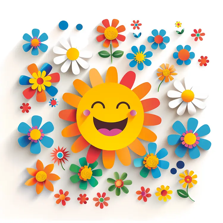 Smiling Sun with Colorful Flowers