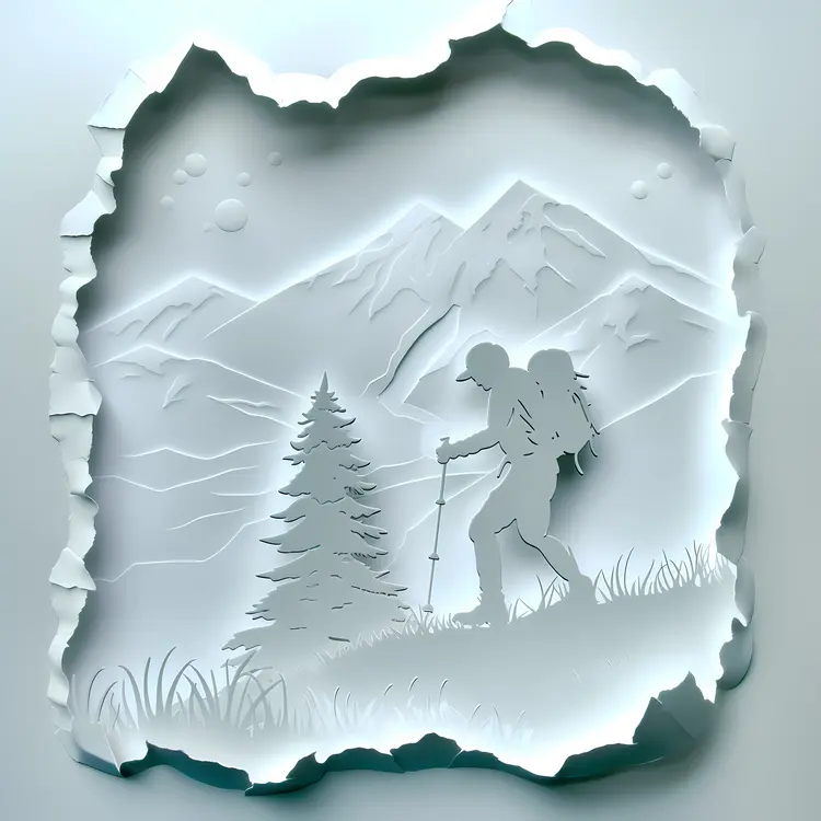 Paper Cut Hiker in Mountain Landscape