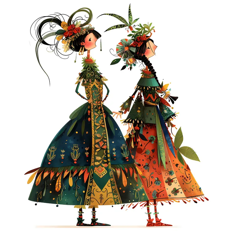 Two Women in Colorful Patterned Dresses