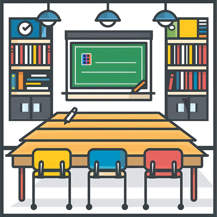 Classroom with Bookshelves and Blackboard