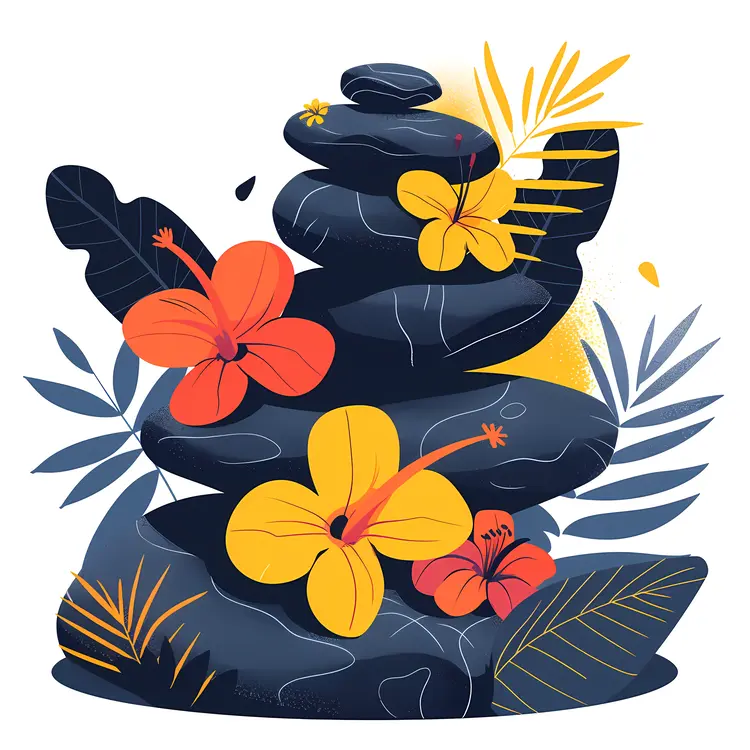 Zen Stacked Stones with Colorful Flowers and Leaves