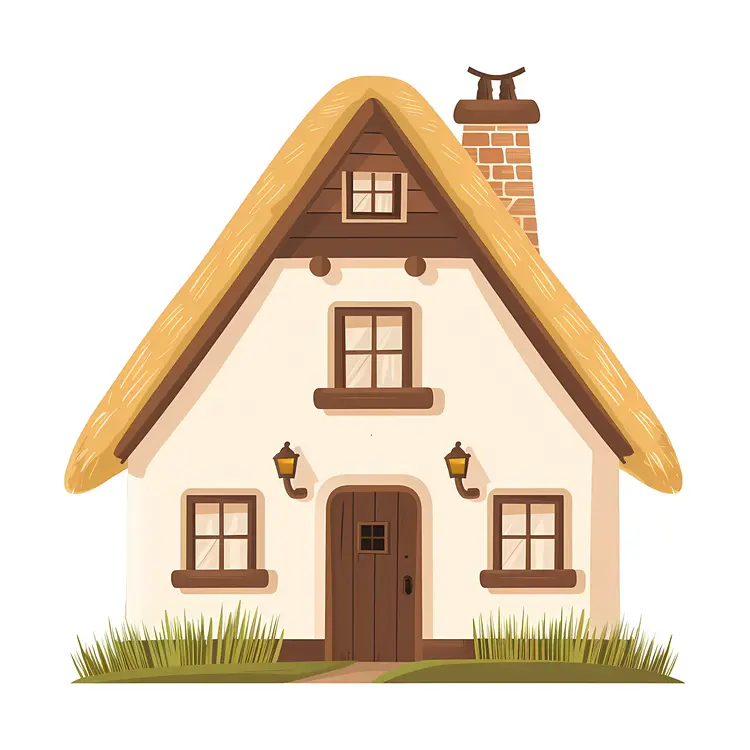 Cottage with Thatched Roof and Chimney