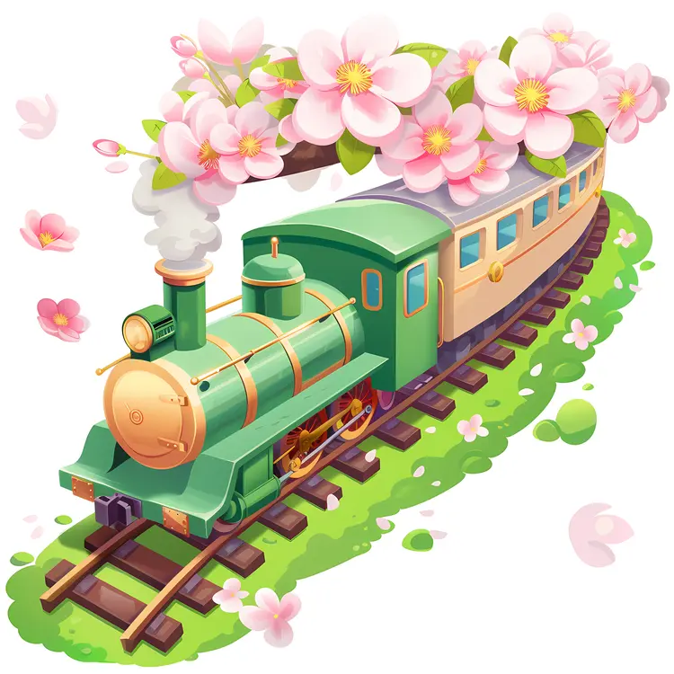 Green Steam Train with Blossoms