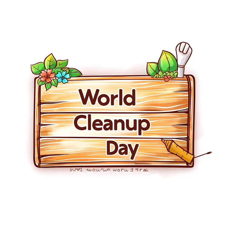 World Cleanup Day Sign with Flowers and Tools