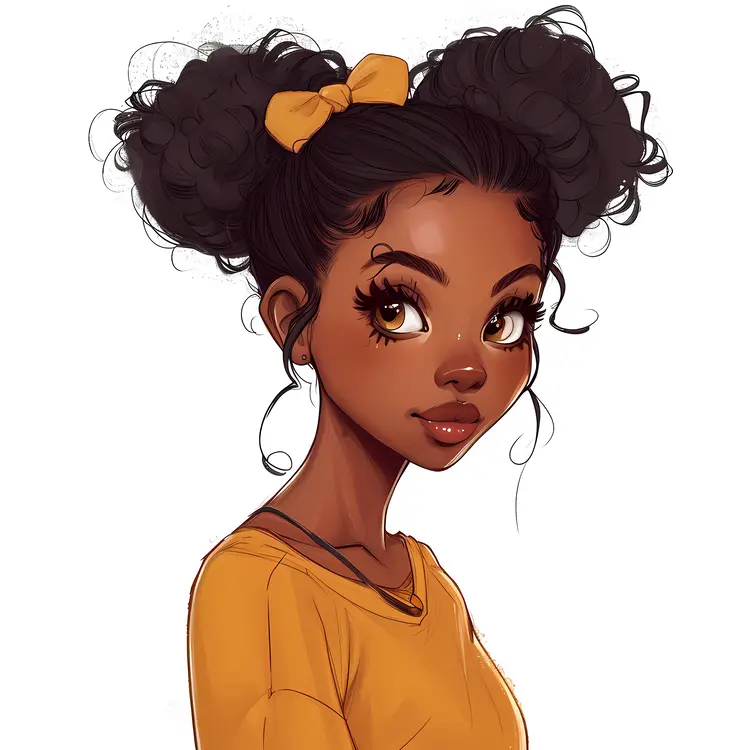 Cute Cartoon Girl with Pigtails and Yellow Bow