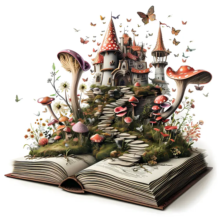 Magical Mushrooms and Castle Emerging from Storybook