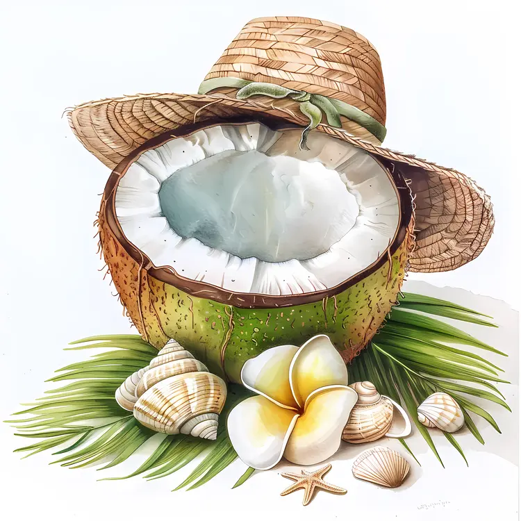 Coconut with Hat and Flowers on Beach