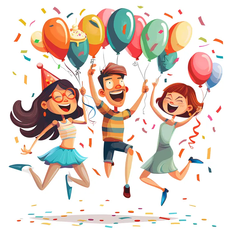 Friends Jumping with Balloons and Confetti