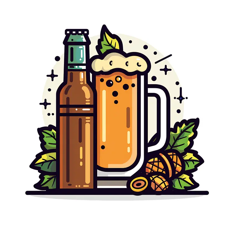 Beer Bottle and Mug with Hops Illustration