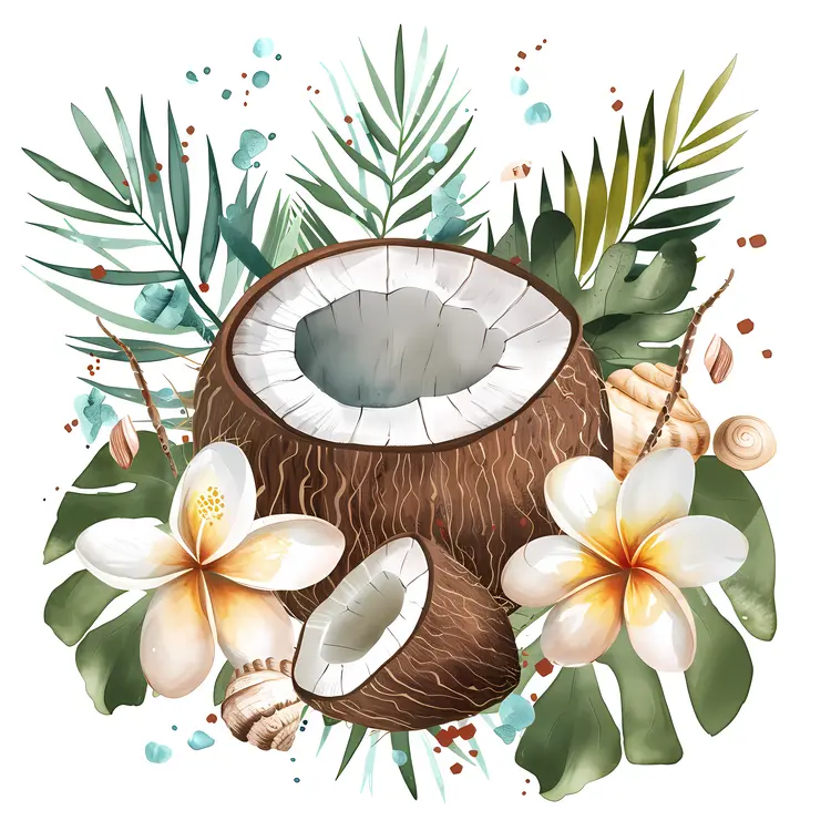 Tropical Coconut and Flowers with Leaves