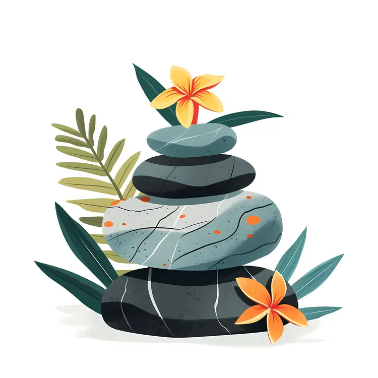 Zen Stacked Stones with Yellow Flowers