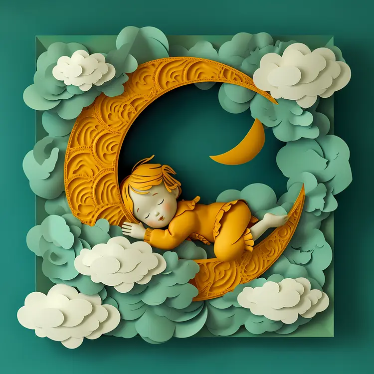 Sleeping Child on Crescent Moon with Clouds