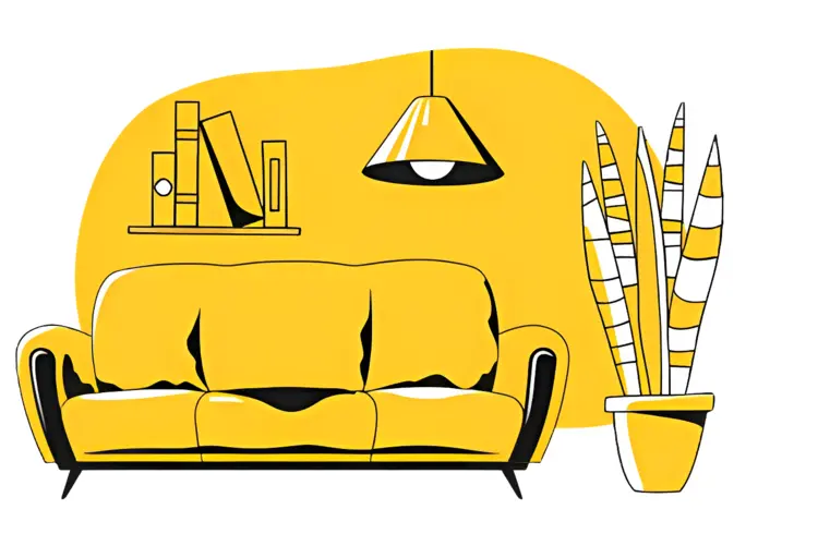 Yellow Sofa with Bookshelf and Lamp
