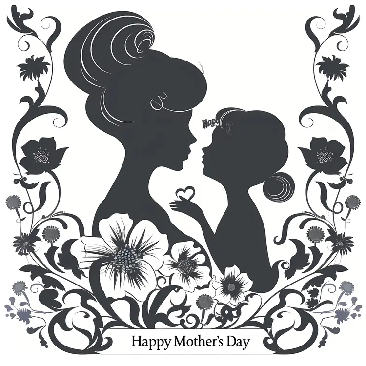 Mother and Child Silhouette with Floral Design for Mother's Day