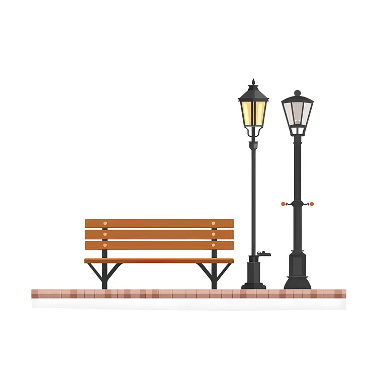 Urban Park Bench with Lamp Posts