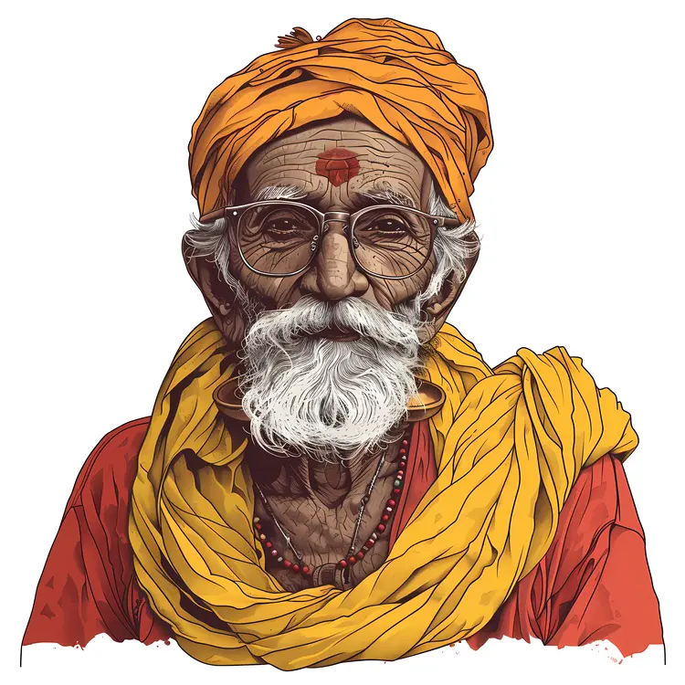 Elderly Man in Traditional Attire with Beads and Turban
