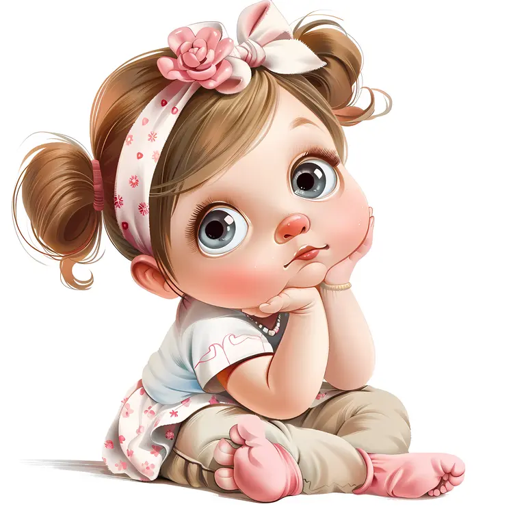 Girl with Flower Headband Sitting and Thinking
