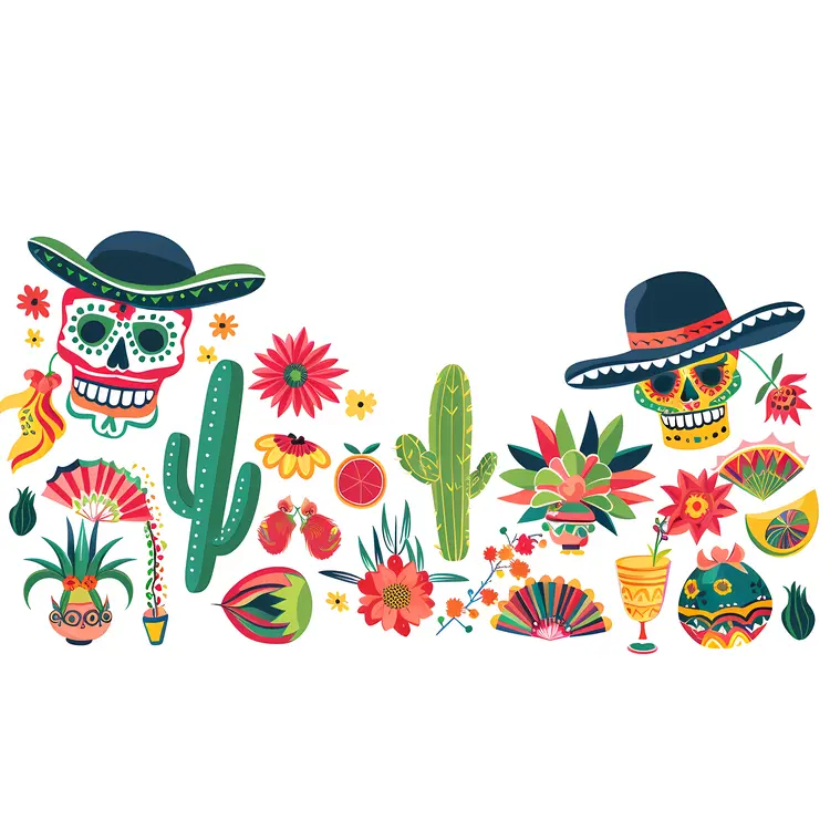 Decorative Sugar Skulls with Cactus and Flowers