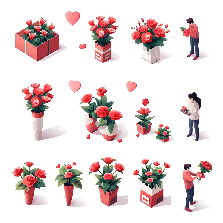 Various Flower Arrangements with Roses and Love Theme