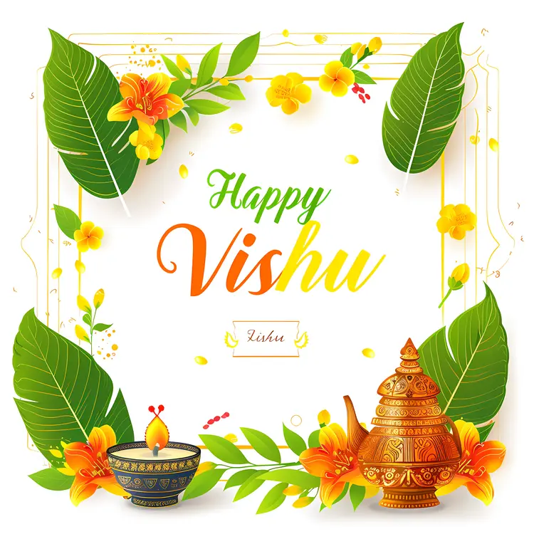 Happy Vishu Festival with Flowers and Leaves