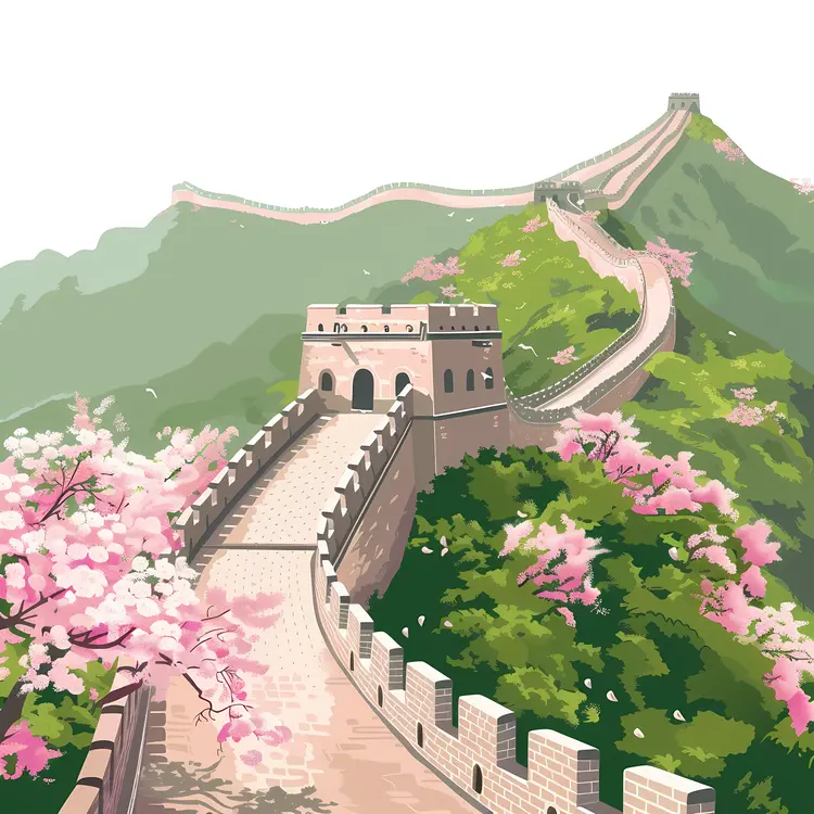 Great Wall of China with Pink Blossoms