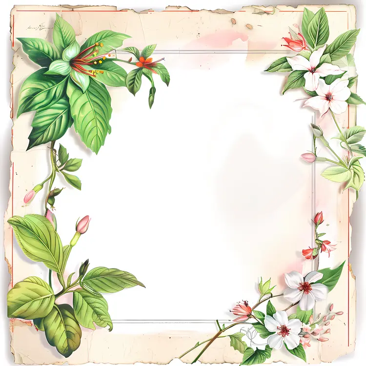Vintage Botanical Frame with Leaves and Flowers