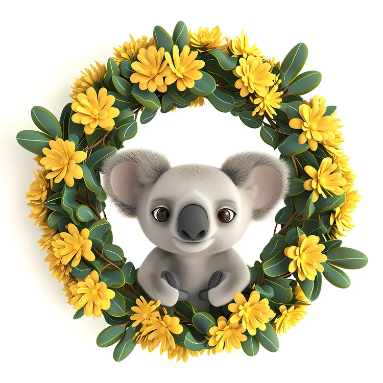 Adorable Koala in Yellow Flower Wreath