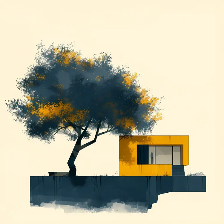 Minimalist House with Yellow and Black Tree
