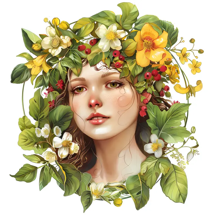 Woman with Floral Crown and Nature Elements