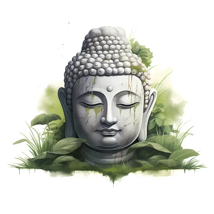 Buddha Head Statue with Greenery