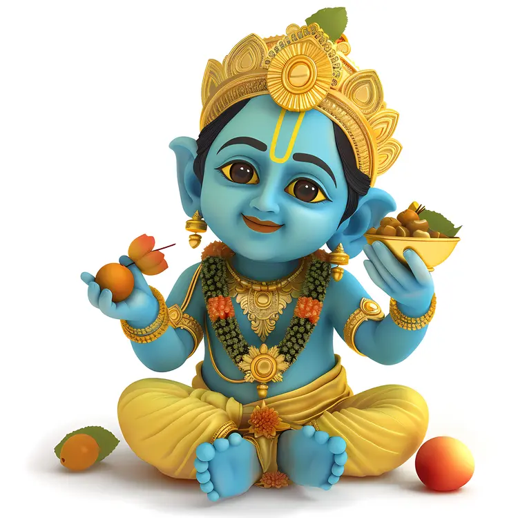 Blue Hindu Deity with Fruit and Gold Jewelry