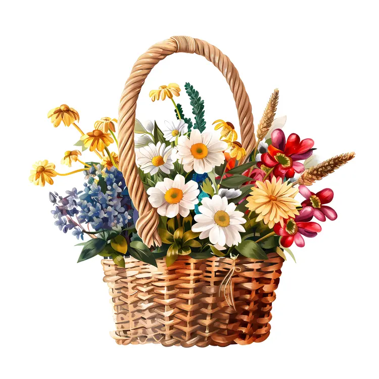 Realistic Flower Basket with Daisies and Wildflowers
